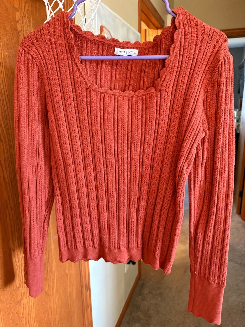 Miss Sparkling Ribbed Square-Neck Sweater in Rusty Coral